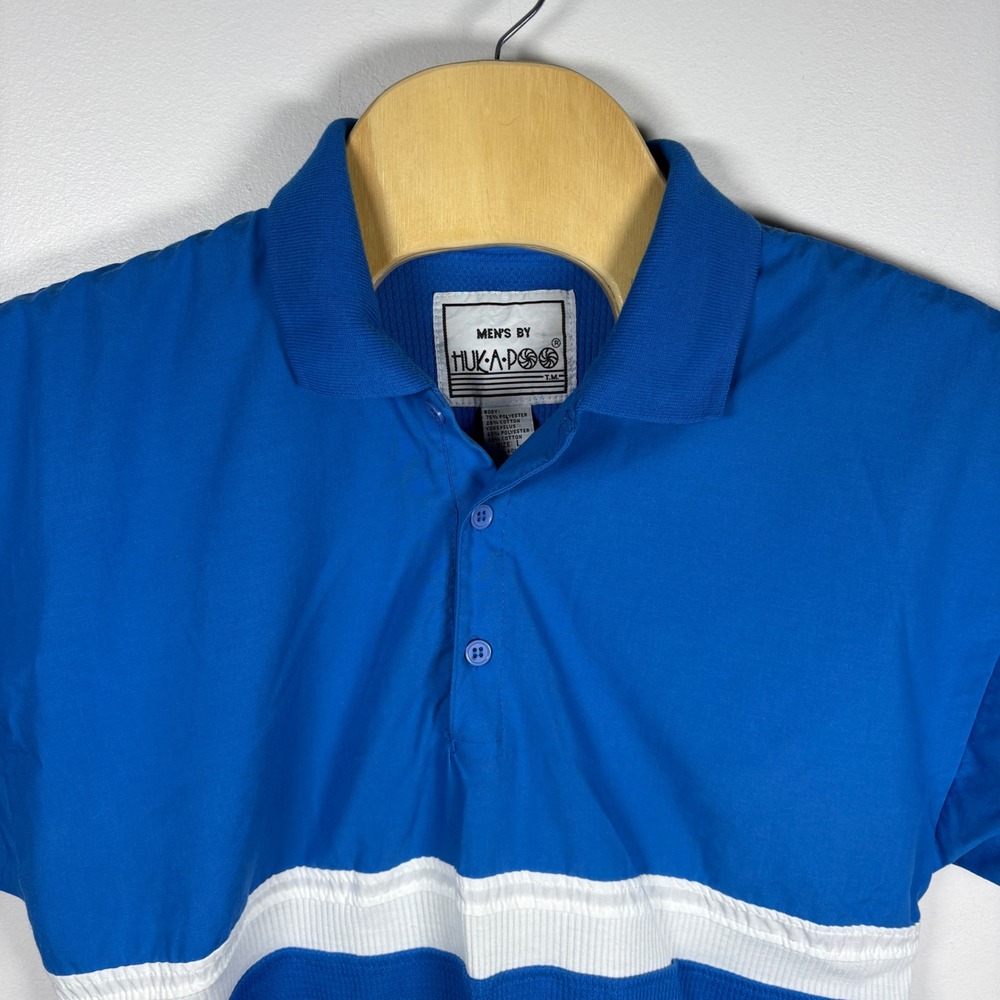 Vintage Huk-A-Poo Mens Blue Waffle Knit Banded Bottom Polo Shirt Large Retro